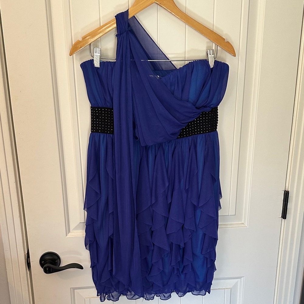 Deb One-Shoulder Royal Blue Ruffle Party Dress with Studded Waist
